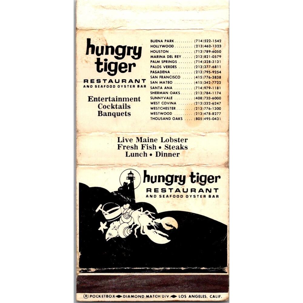 Hungry Tiger Restaurant & Seafood Oyster Bar Vintage Matchbook Matchbox SMM21-2